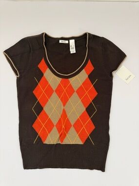 NWT! Liz Claiborne Liz & Co Chocolate Brown Argyle Short Sleeve Sweater Top